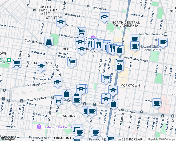 map of restaurants, bars, coffee shops, grocery stores, and more near 1701 West Jefferson Street in Philadelphia