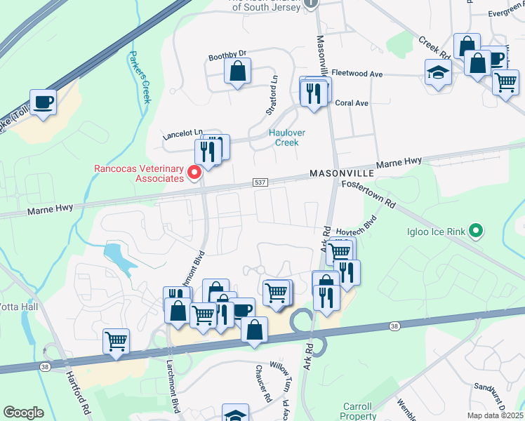 map of restaurants, bars, coffee shops, grocery stores, and more near 5904 Coventry Way in Mount Laurel Township