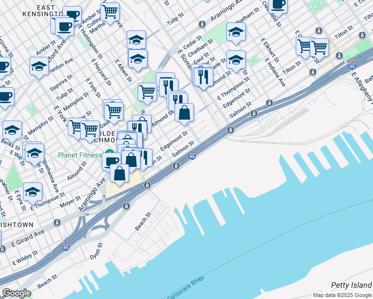 map of restaurants, bars, coffee shops, grocery stores, and more near 2647 Salmon Street in Philadelphia