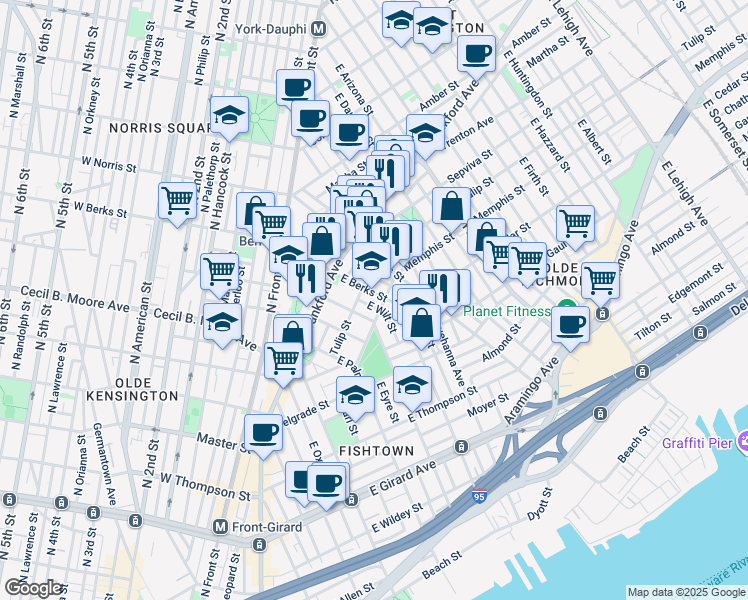 map of restaurants, bars, coffee shops, grocery stores, and more near 1608 East Berks Street in Philadelphia