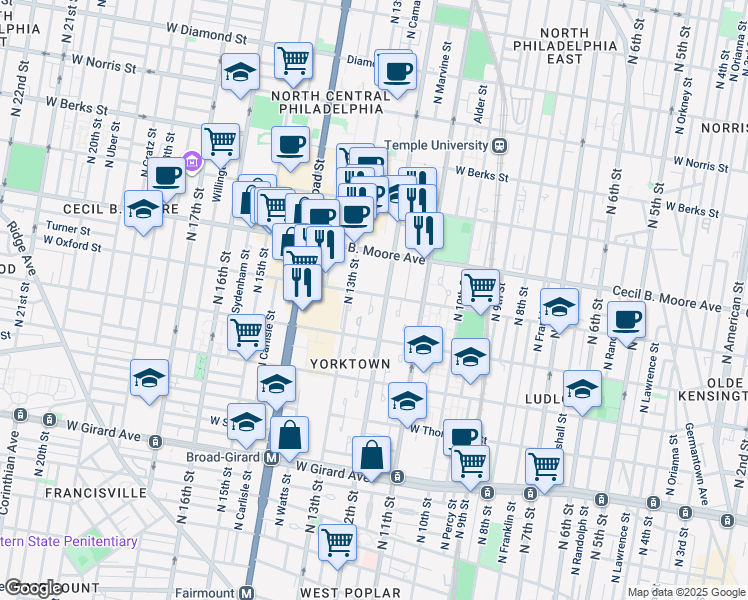 map of restaurants, bars, coffee shops, grocery stores, and more near 1210 West Oxford Street in Philadelphia