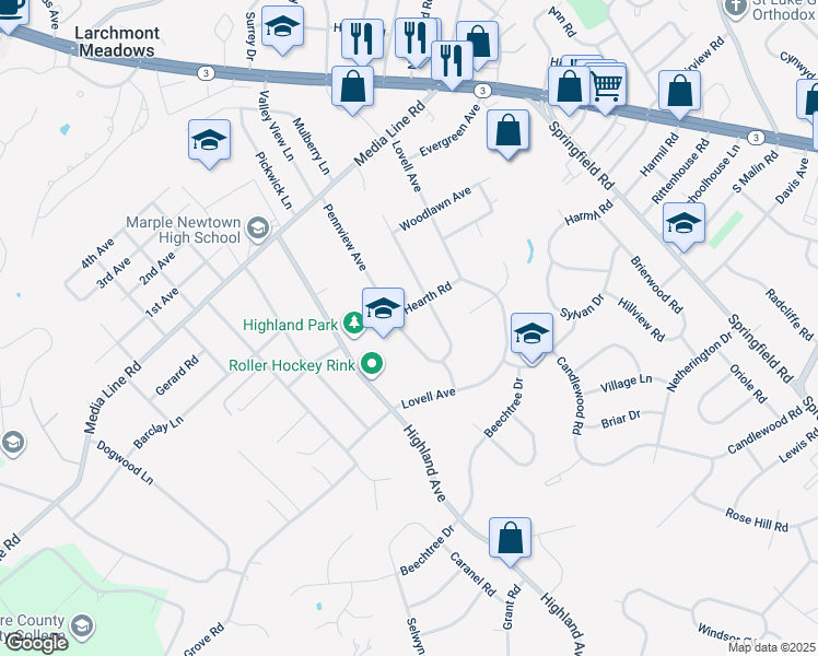 map of restaurants, bars, coffee shops, grocery stores, and more near 2897 Pennview Avenue in Broomall