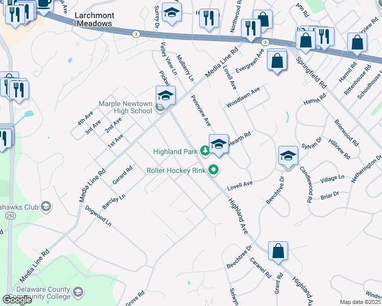 map of restaurants, bars, coffee shops, grocery stores, and more near 2952 Highland Avenue in Broomall