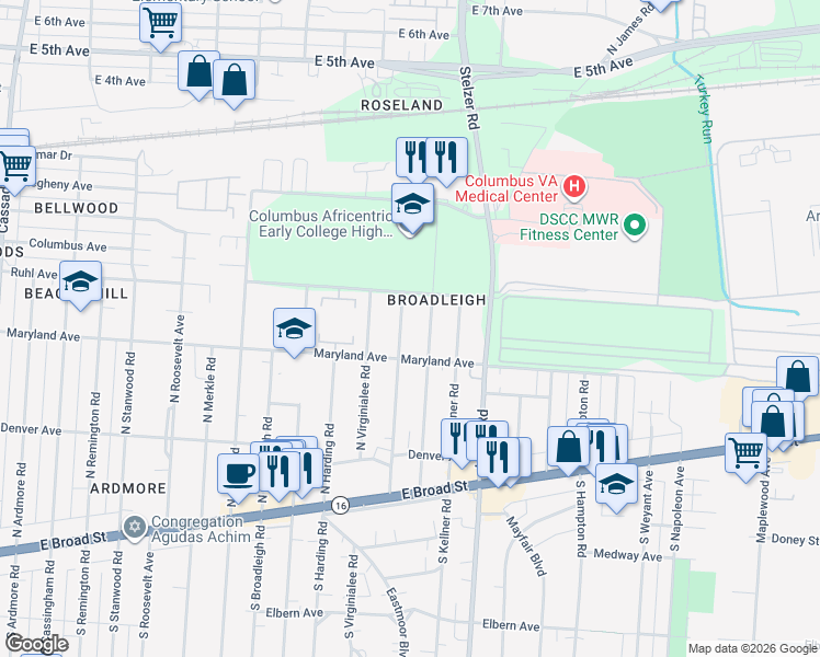 map of restaurants, bars, coffee shops, grocery stores, and more near 223 Lowell Road in Columbus