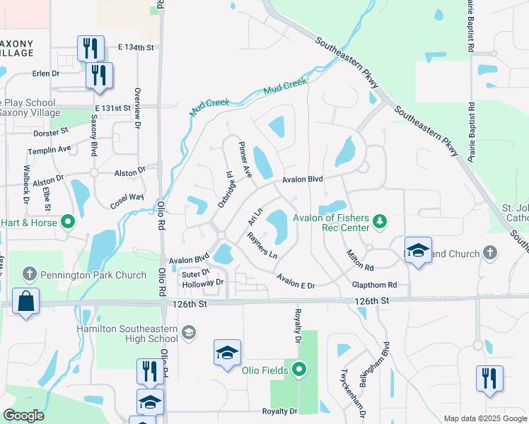 map of restaurants, bars, coffee shops, grocery stores, and more near 12873 Ari Lane in Fishers