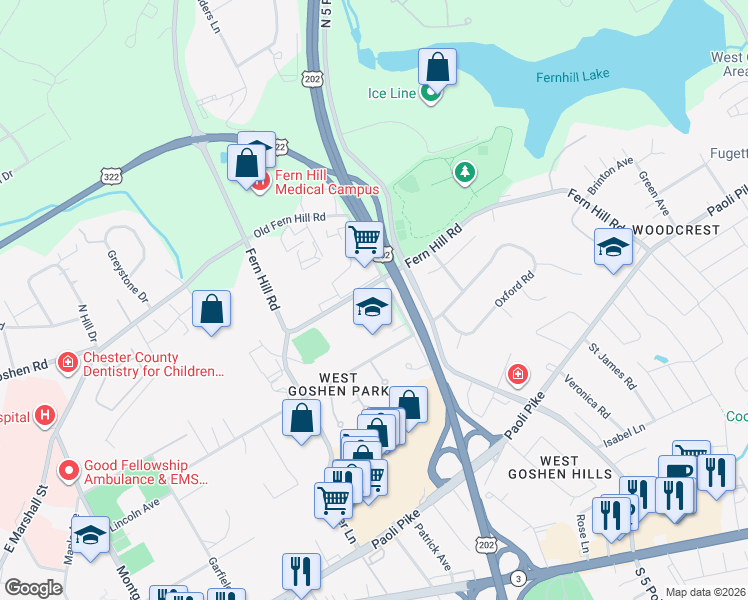 map of restaurants, bars, coffee shops, grocery stores, and more near 990 Fernhill Road in West Chester