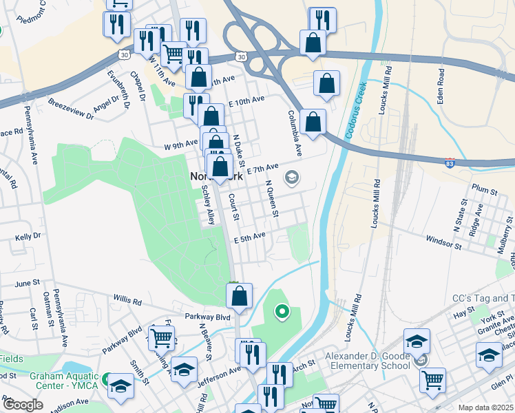 map of restaurants, bars, coffee shops, grocery stores, and more near 952 North Duke Street in York