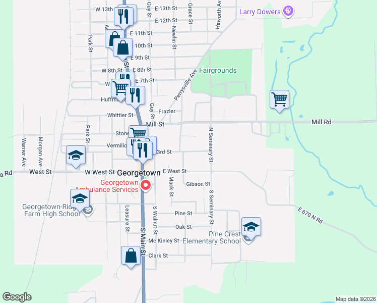 map of restaurants, bars, coffee shops, grocery stores, and more near 320 East North 3rd Street in Georgetown