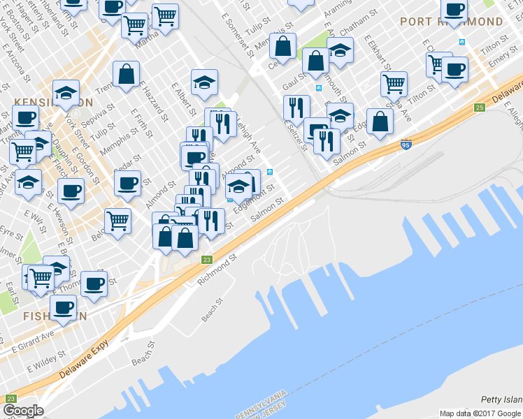 map of restaurants, bars, coffee shops, grocery stores, and more near 2632 Salmon Street in Philadelphia