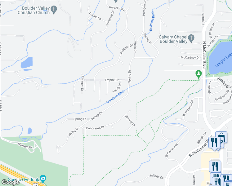 map of restaurants, bars, coffee shops, grocery stores, and more near 556 Apollo Drive in Boulder