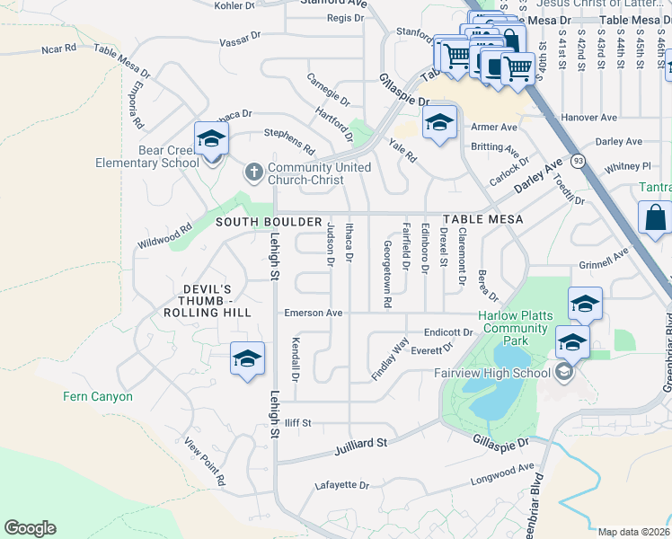 map of restaurants, bars, coffee shops, grocery stores, and more near 1290 Ithaca Drive in Boulder