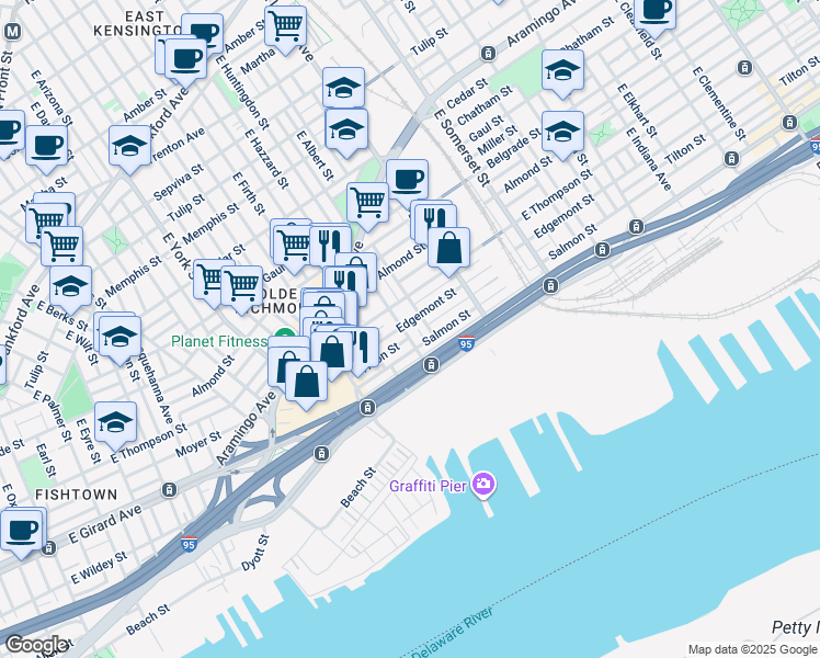 map of restaurants, bars, coffee shops, grocery stores, and more near 2705 East Huntingdon Street in Philadelphia