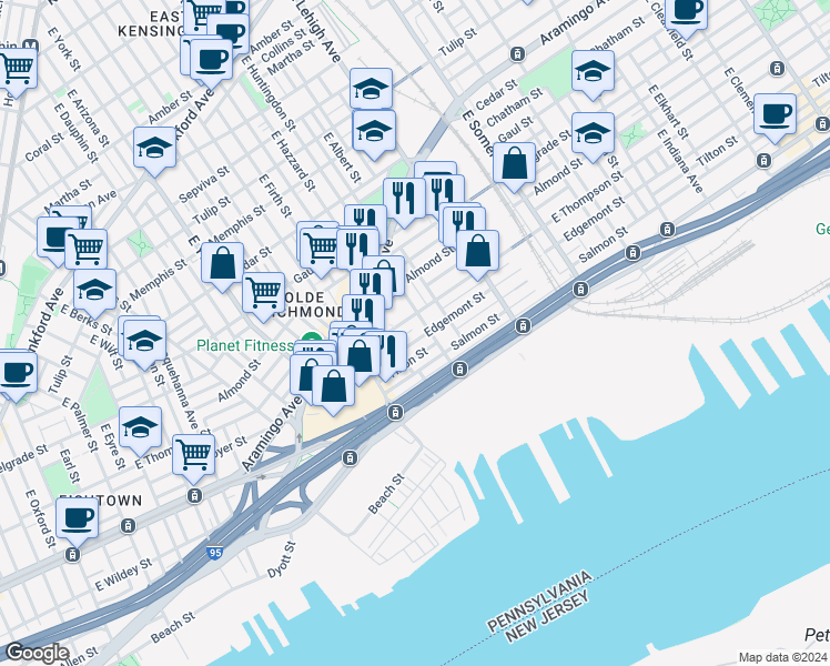 map of restaurants, bars, coffee shops, grocery stores, and more near 2700 East Huntingdon Street in Philadelphia