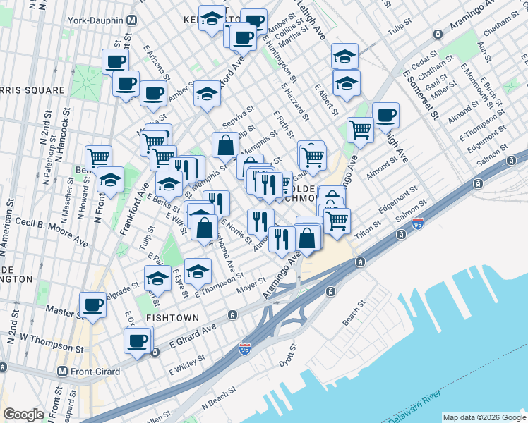 map of restaurants, bars, coffee shops, grocery stores, and more near 2308 Belgrade Street in Philadelphia