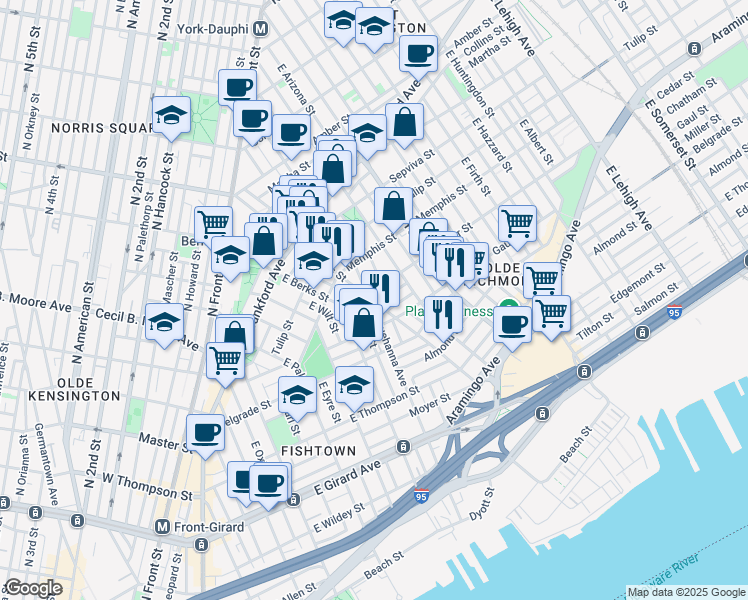 map of restaurants, bars, coffee shops, grocery stores, and more near 1530 East Susquehanna Avenue in Philadelphia