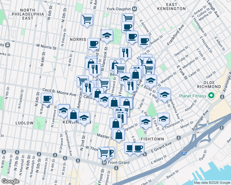 map of restaurants, bars, coffee shops, grocery stores, and more near 1739 North Howard Street in Philadelphia