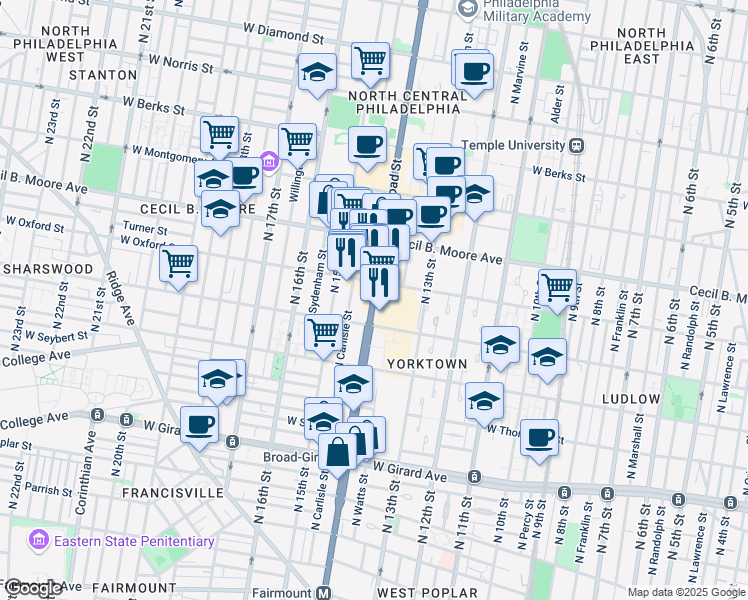 map of restaurants, bars, coffee shops, grocery stores, and more near 1514 North Broad Street in Philadelphia