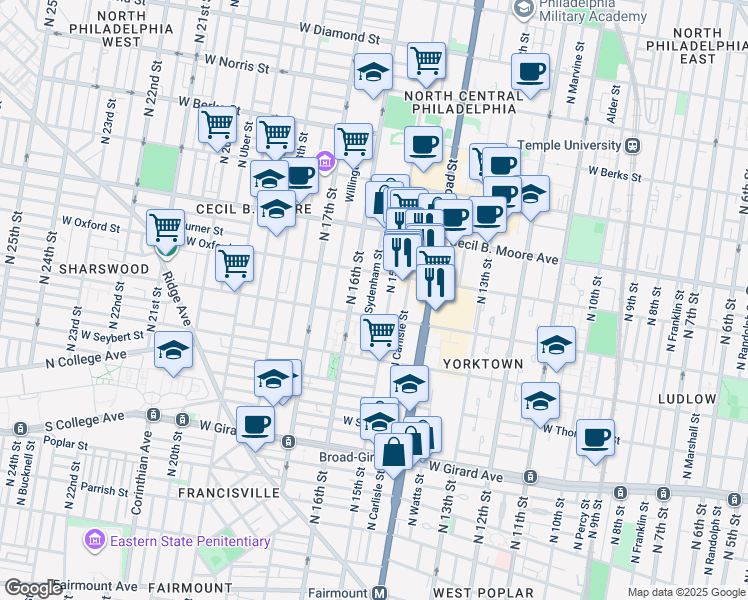 map of restaurants, bars, coffee shops, grocery stores, and more near 1516 North Sydenham Street in Philadelphia