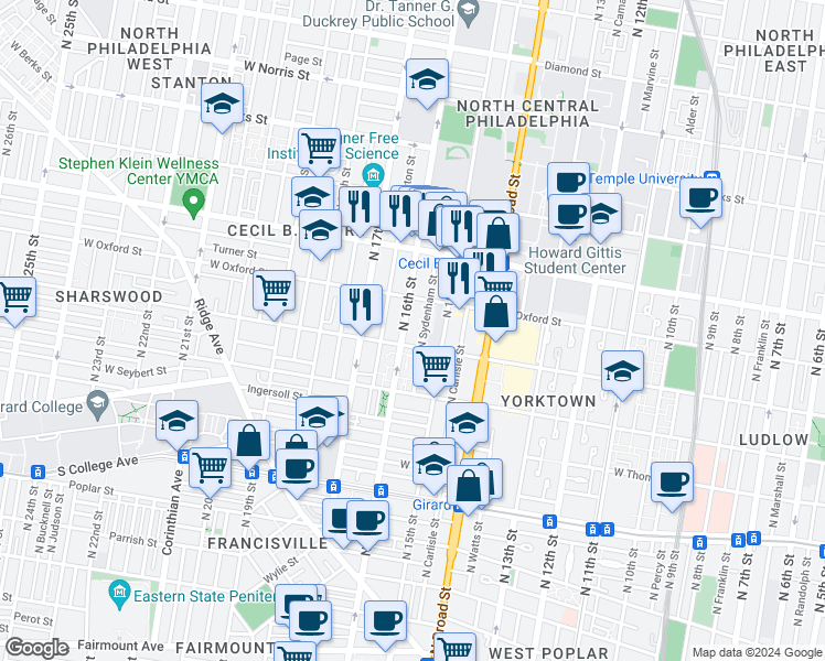 map of restaurants, bars, coffee shops, grocery stores, and more near 1501 Willington Street in Philadelphia