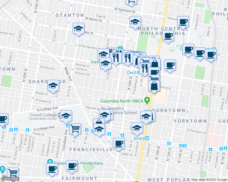 map of restaurants, bars, coffee shops, grocery stores, and more near 1684 West Jefferson Street in Philadelphia