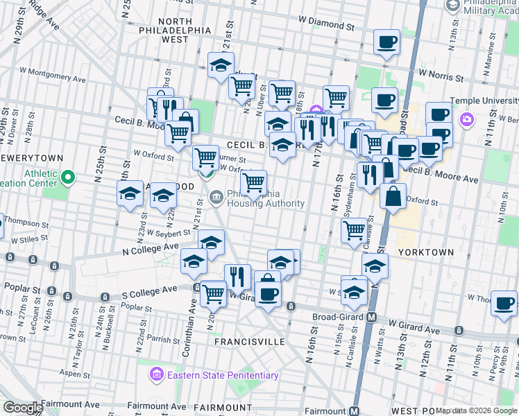 map of restaurants, bars, coffee shops, grocery stores, and more near in Philadelphia