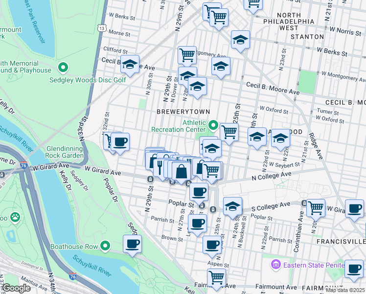 map of restaurants, bars, coffee shops, grocery stores, and more near 1314 North 28th Street in Philadelphia