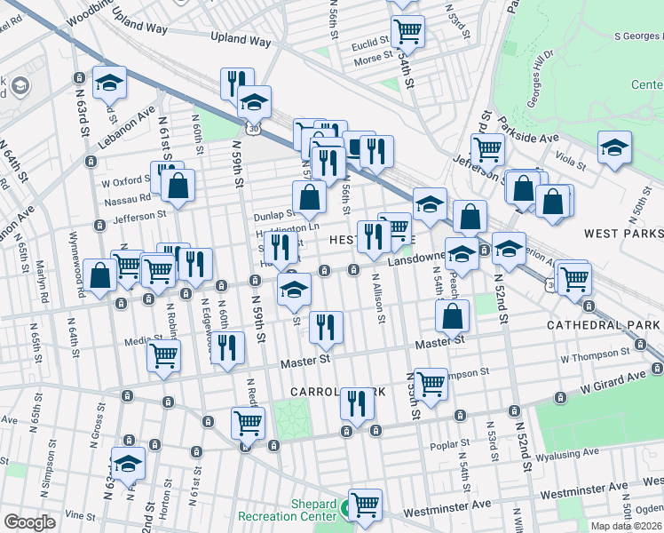 map of restaurants, bars, coffee shops, grocery stores, and more near in Philadelphia