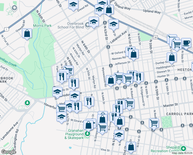 map of restaurants, bars, coffee shops, grocery stores, and more near 900 Marlyn Road in Philadelphia