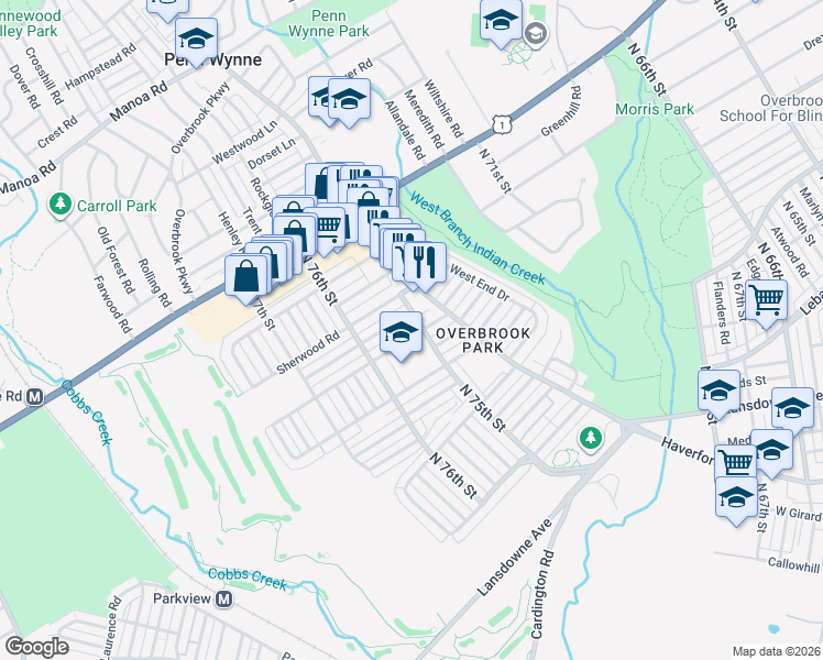 map of restaurants, bars, coffee shops, grocery stores, and more near 7511 Brookhaven Road in Philadelphia