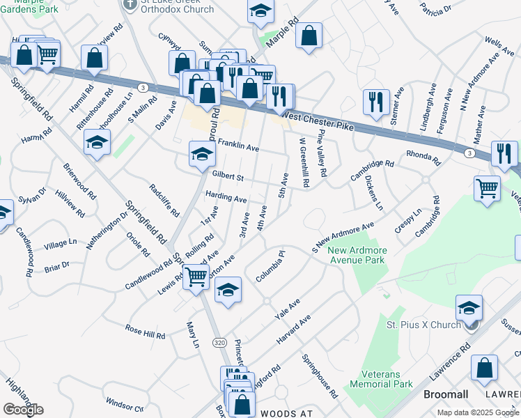 map of restaurants, bars, coffee shops, grocery stores, and more near 126 4th Avenue in Broomall