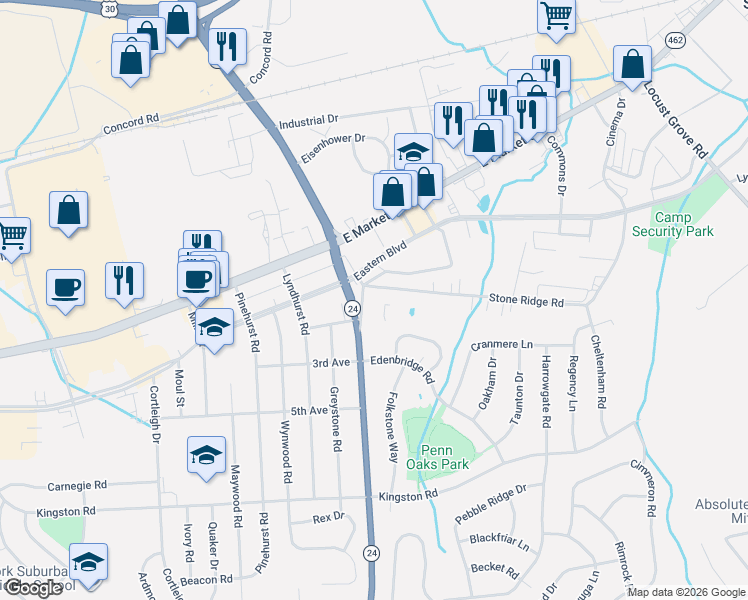 map of restaurants, bars, coffee shops, grocery stores, and more near 3304 Stone Ridge Road in York