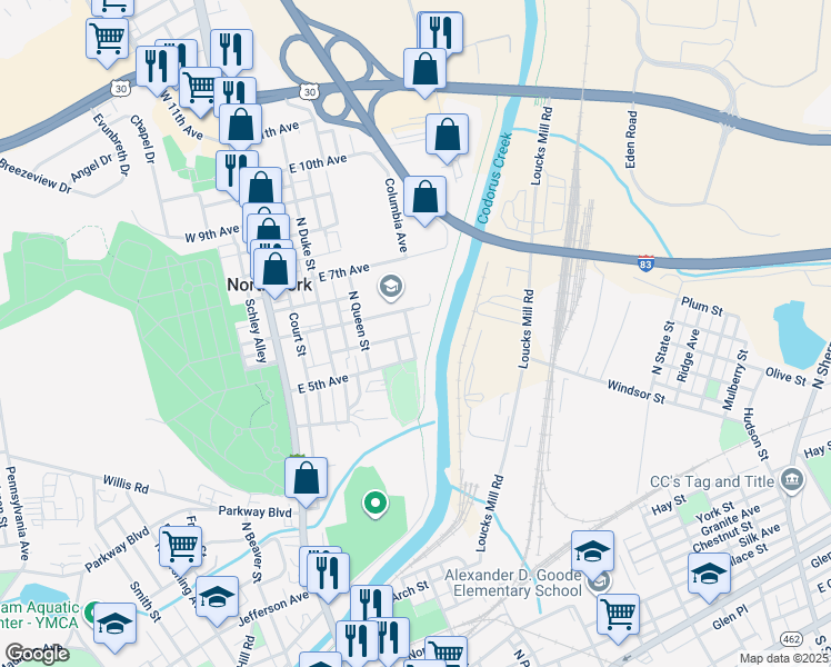 map of restaurants, bars, coffee shops, grocery stores, and more near 929 North Pine Street in York