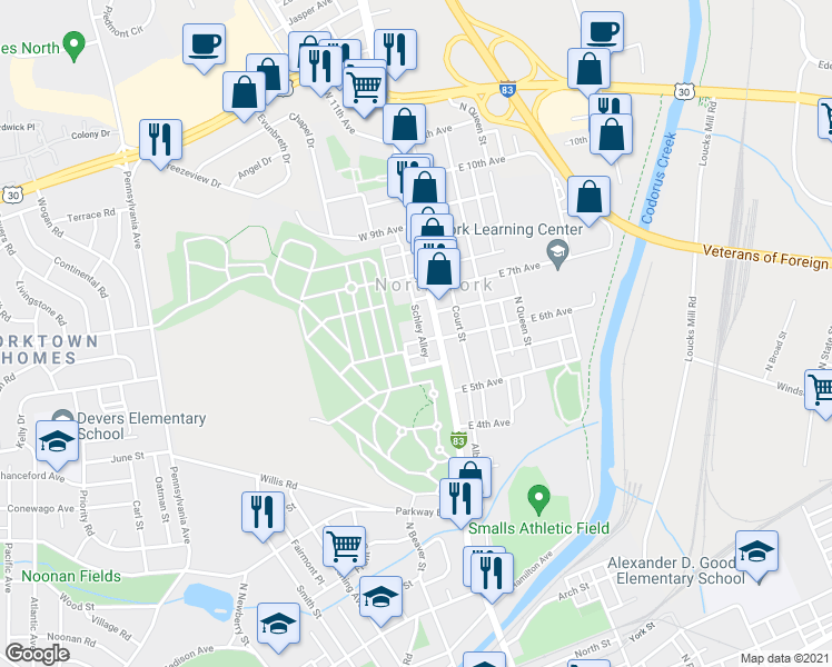 map of restaurants, bars, coffee shops, grocery stores, and more near 115 West 6th Avenue in York