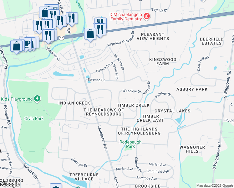 map of restaurants, bars, coffee shops, grocery stores, and more near 351 Timbercreek Road in Reynoldsburg
