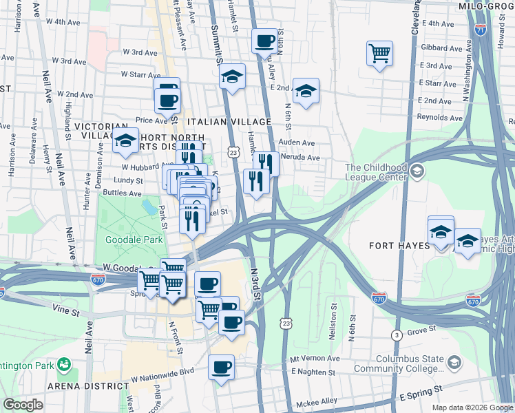 map of restaurants, bars, coffee shops, grocery stores, and more near 684 Hamlet Street in Columbus