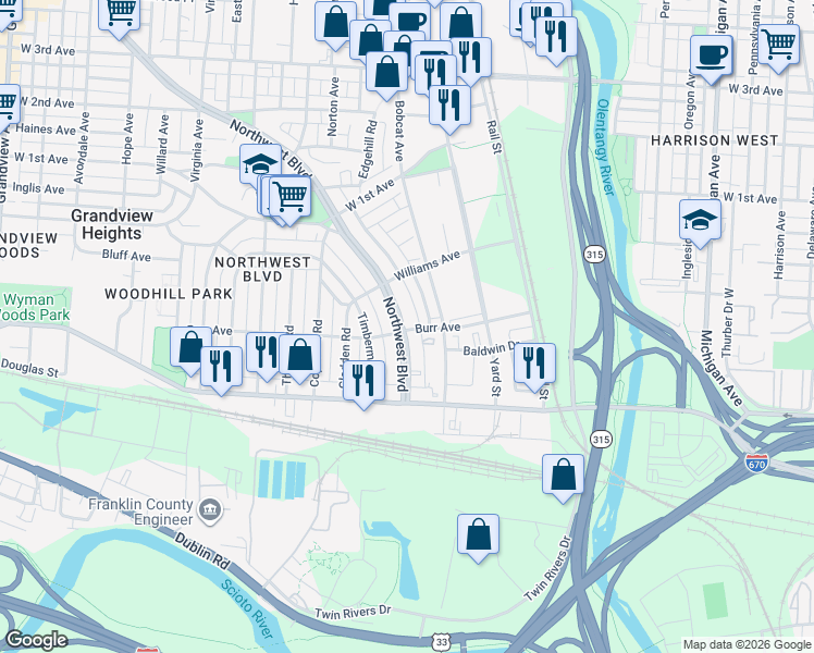 map of restaurants, bars, coffee shops, grocery stores, and more near 964 Burr Avenue in Grandview Heights