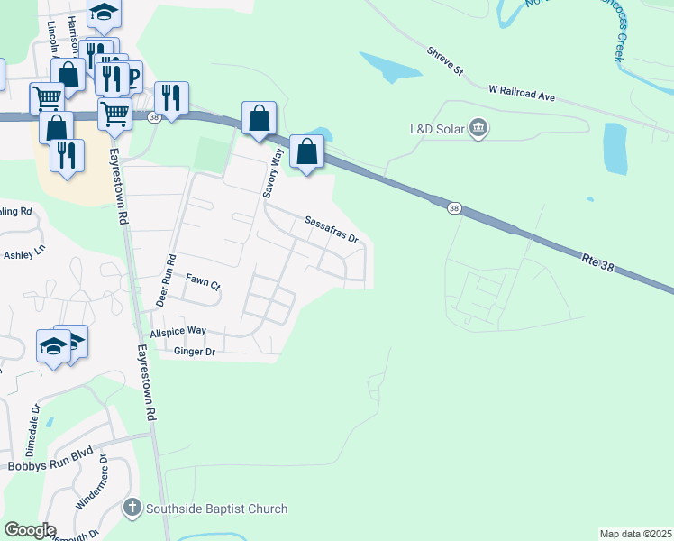 map of restaurants, bars, coffee shops, grocery stores, and more near 47 Peppermint Drive in Lumberton
