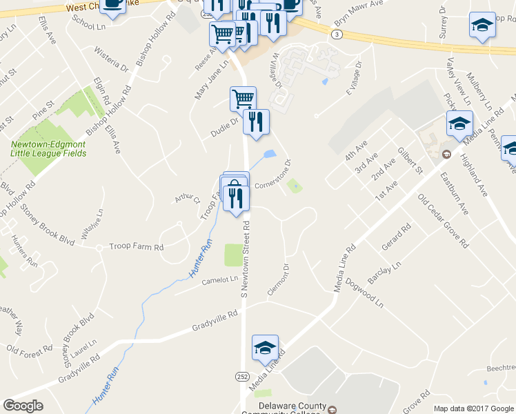 map of restaurants, bars, coffee shops, grocery stores, and more near 3548 Muirwood Drive in Newtown Square