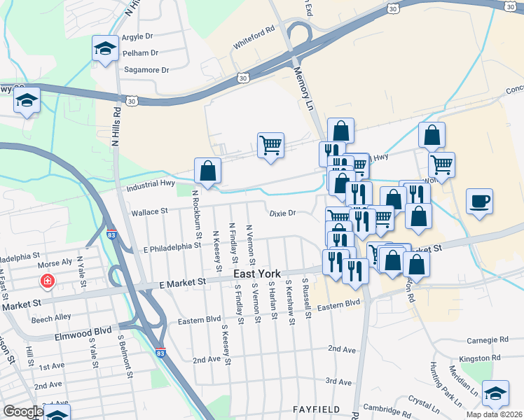 map of restaurants, bars, coffee shops, grocery stores, and more near 2208 Dixie Drive in East York