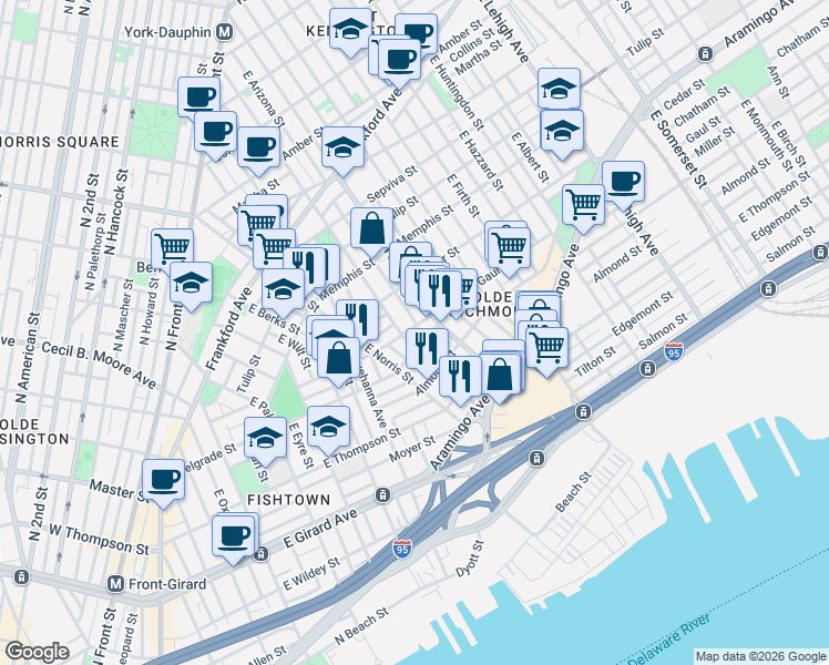 map of restaurants, bars, coffee shops, grocery stores, and more near 2308 Belgrade Street in Philadelphia