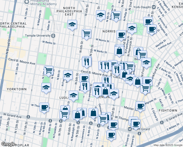 map of restaurants, bars, coffee shops, grocery stores, and more near 410 Cecil B. Moore Avenue in Philadelphia