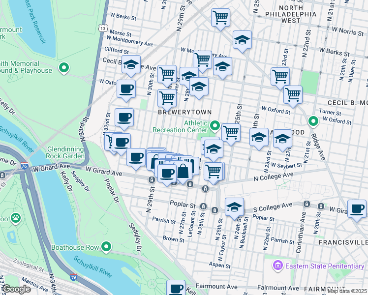 map of restaurants, bars, coffee shops, grocery stores, and more near 1332 North Marston Street in Philadelphia