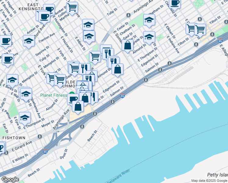 map of restaurants, bars, coffee shops, grocery stores, and more near 2632 Salmon Street in Philadelphia