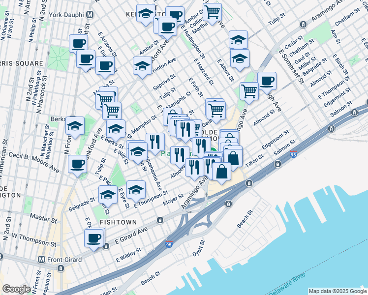 map of restaurants, bars, coffee shops, grocery stores, and more near 2347 Belgrade Street in Philadelphia