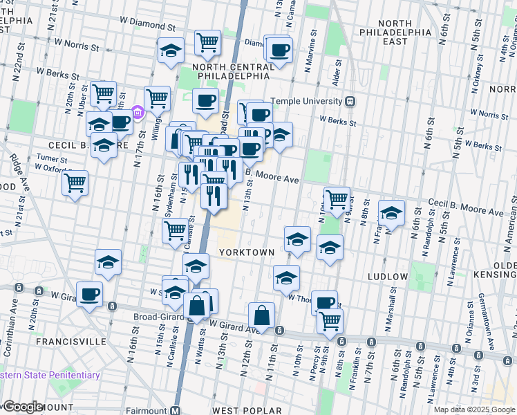 map of restaurants, bars, coffee shops, grocery stores, and more near 1214 West Oxford Street in Philadelphia
