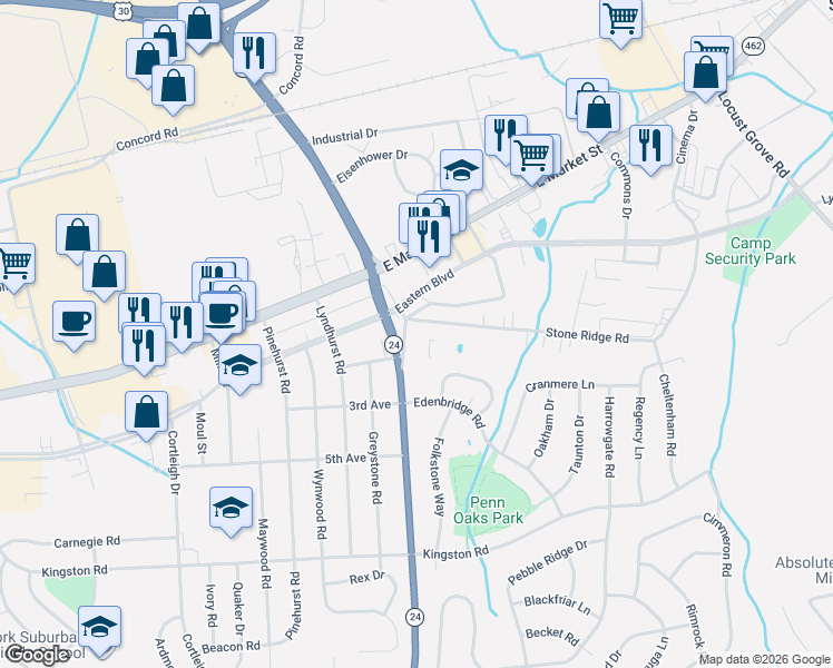 map of restaurants, bars, coffee shops, grocery stores, and more near 3304 Stone Ridge Road in York