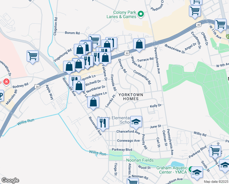 map of restaurants, bars, coffee shops, grocery stores, and more near 1159 Loucks Place in York