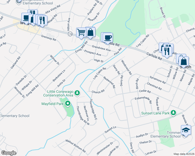 map of restaurants, bars, coffee shops, grocery stores, and more near 2530 Log Cabin Road in Shiloh