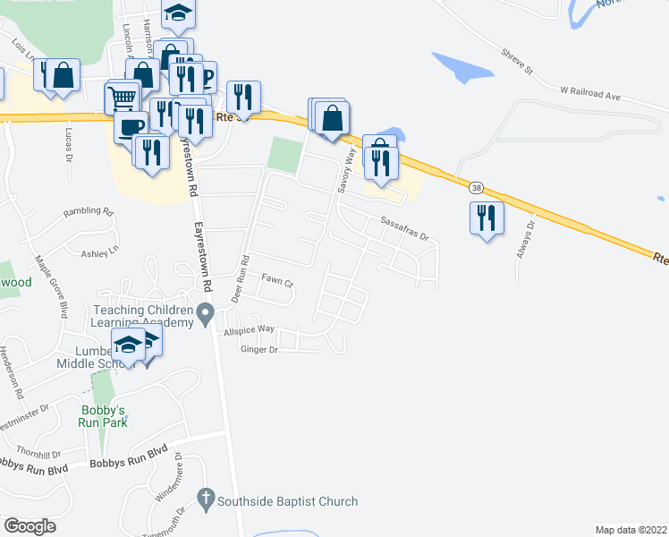 map of restaurants, bars, coffee shops, grocery stores, and more near 14 Coriander Drive in Lumberton