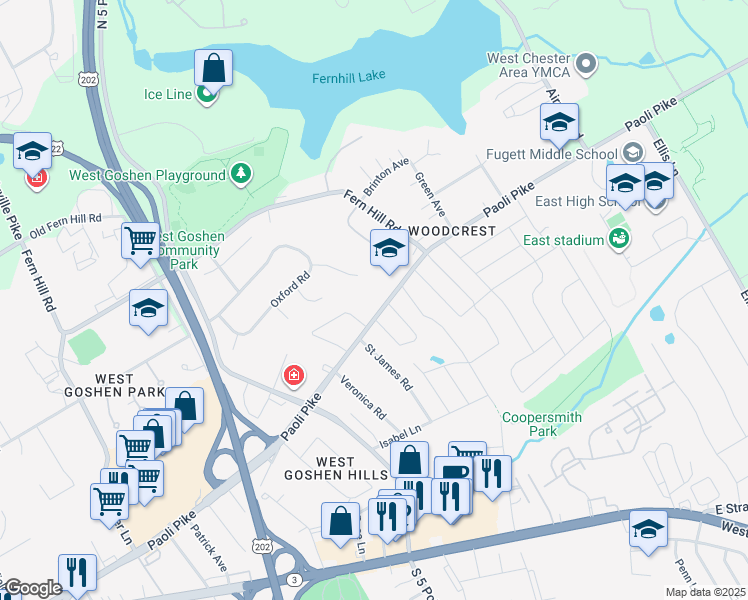 map of restaurants, bars, coffee shops, grocery stores, and more near 1127 Paoli Pike in West Chester